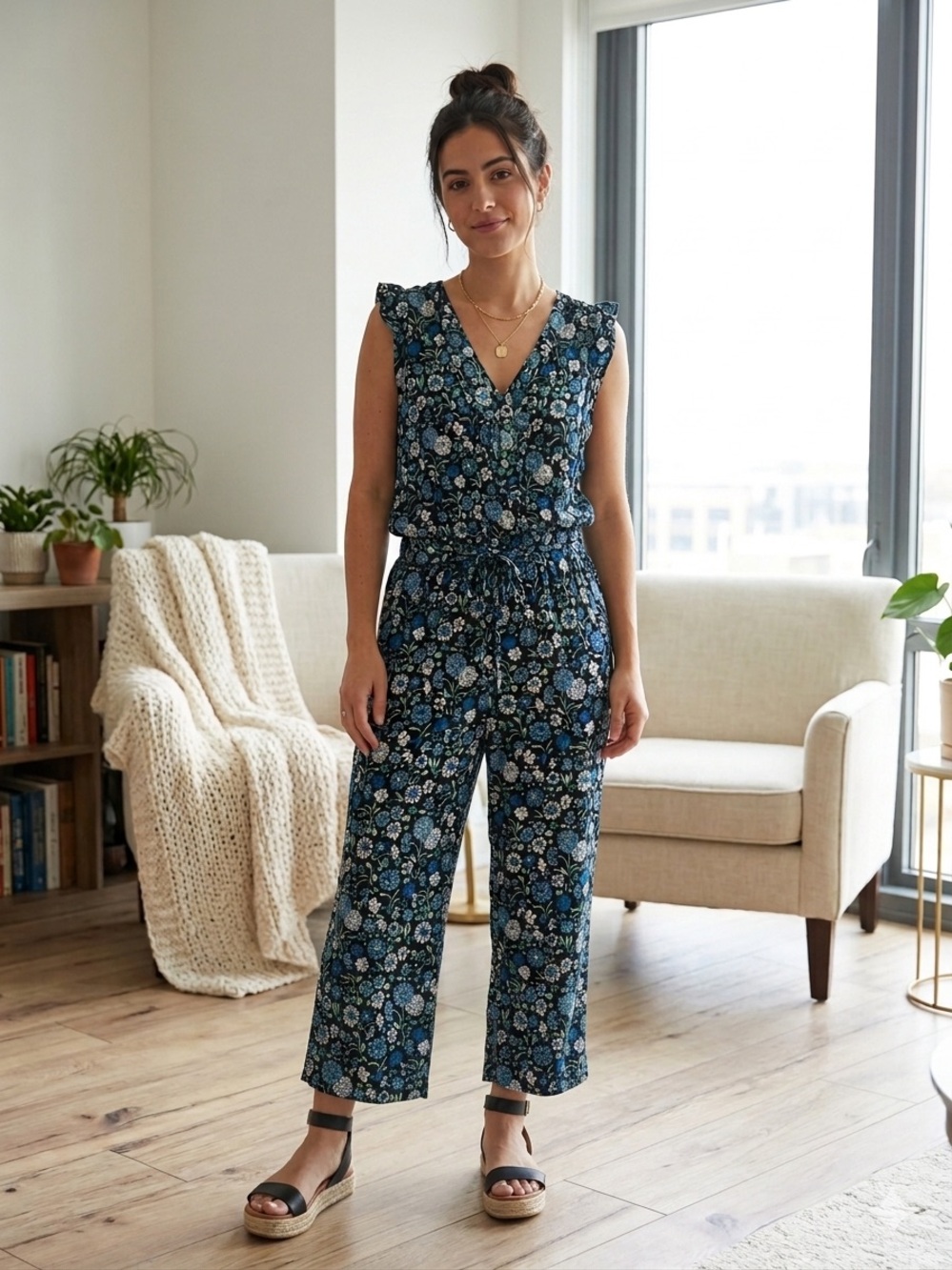 LOFT Black Floral V-Neck Sleeveless Jumpsuit